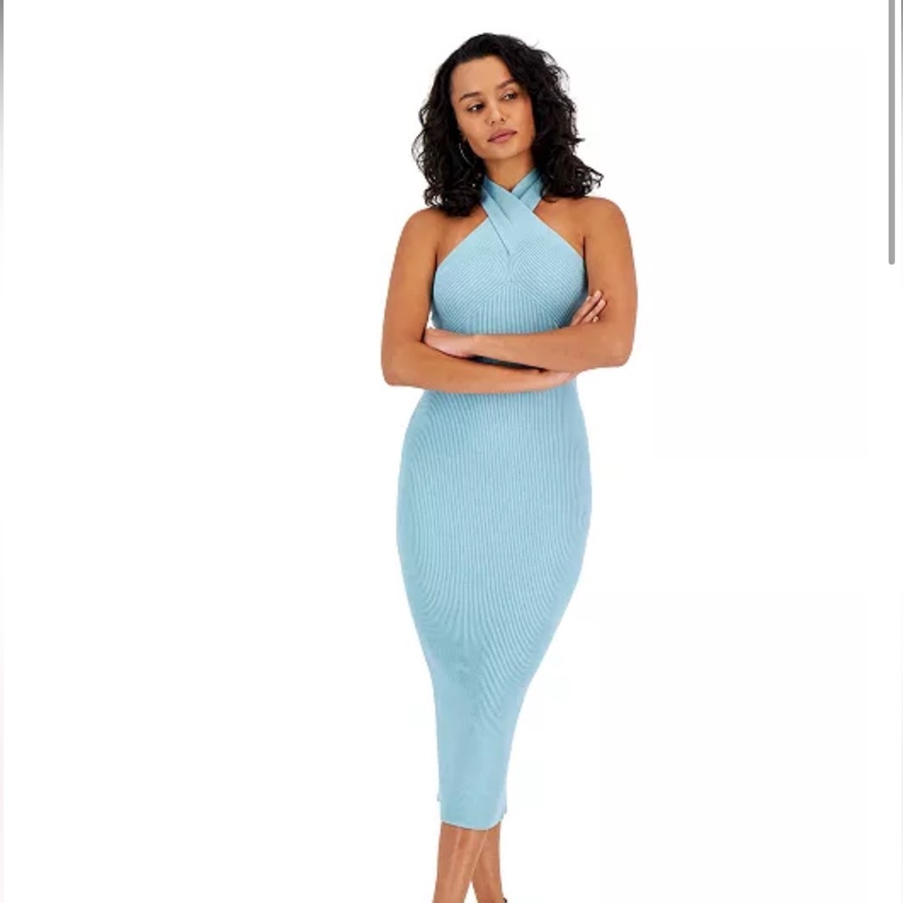 Guess Mariposa Halter Ribbed Midi Dress – Blue, Size 6